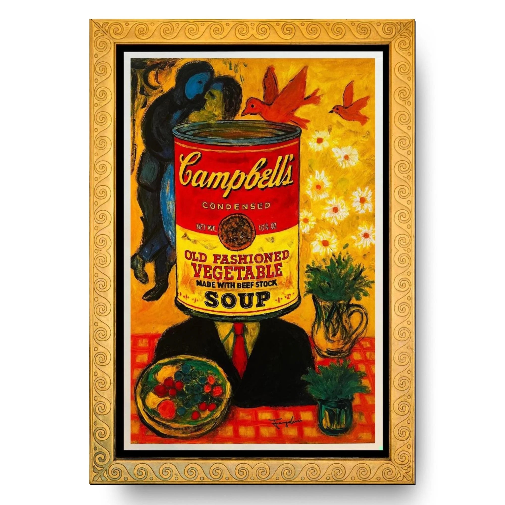 Framed artwork with a stylized depiction of a person wearing a Campbell's Soup can, set against a decorative gold frame.